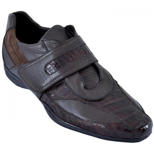 Los Altos Brown Genuine Crocodile Belly W/Deer Casual Shoes With Velcro Strap ZC088207